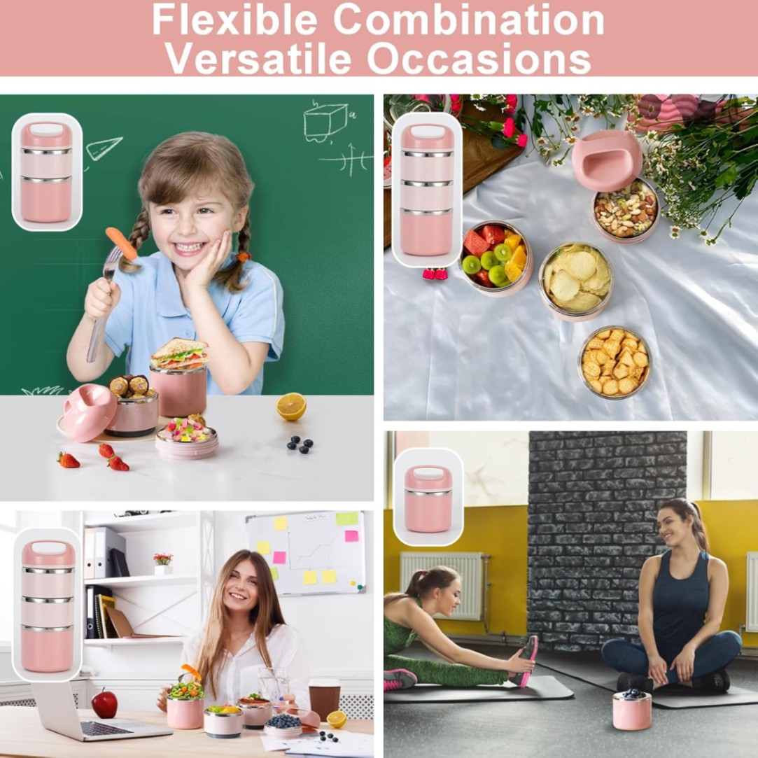 টেডেমি ৩-স্তরের স্টেইনলেস স্টিলের লাঞ্চ বক্স লিক-প্রুফ হ্যান্ডেল এবং পিইউ ফোম ইনসুলেশন সহ